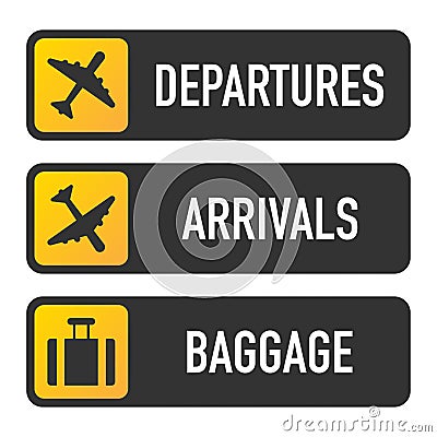 Airport Signs departure, arrivals and baggage. Vector Illustration