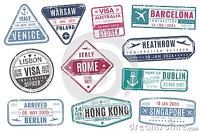 Airport stamps. Vintage travel passport visa immigration arrived stamp with grunge texture. Isolated vector set Vector Illustration