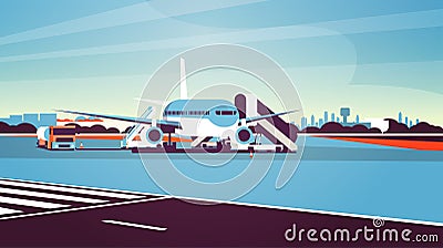 Airport terminal aircraft flying plane taking off waiting to board passengers cityscape background flat horizontal Vector Illustration