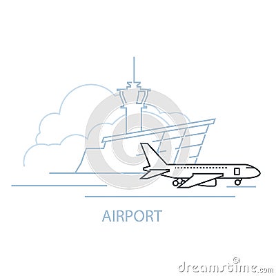 Airport terminal building and airplane on landing strip, icon of airport Vector Illustration