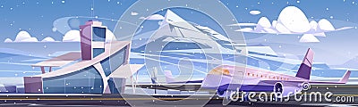 Airport terminal building with tower and airplane Vector Illustration