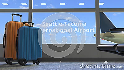 Commercial airplane reveals Seattle-Tacoma International Airport text in the window of terminal. 3d rendering Editorial Stock Photo