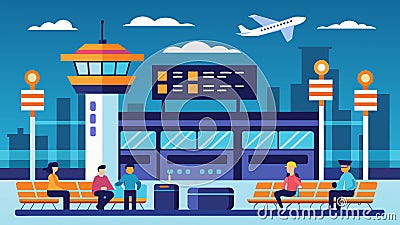 An airport terminal is designed using data on passenger traffic and flight schedules resulting in an optimized layout Vector Illustration
