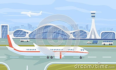 Airport terminal flat vector illustration. Aviation industry, airline company facilities. Airplane on airfield runway Vector Illustration