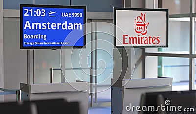 EMIRATES AIRLINE flight from Chicago o'hare international airport to Amsterdam. Editorial 3d rendering Editorial Stock Photo