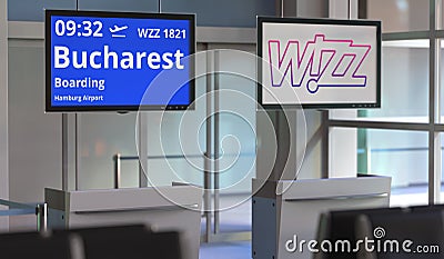 WIZZ AIR flight from Hamburg airport to Bucharest. Editorial 3d rendering Editorial Stock Photo