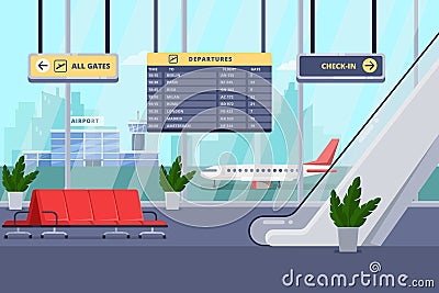 Airport terminal interior, vector flat illustration. Lounge, departure hall with chairs, window, airplane on background. Vector Illustration