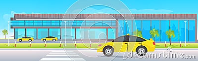 Airport terminal outside yellow taxi cabs near modern flight departure Vector Illustration