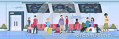 Airport terminal people. Travelers sitting waiting with luggage cartoon passengers on vacation. Flat illustration Vector Illustration