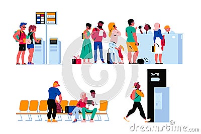 People in airport terminal waiting for the flight, going through passport control, registering online. Vector Illustration