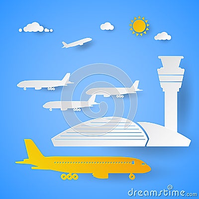 Airport Terminal with Planes. Cut Paper Vector Illustration