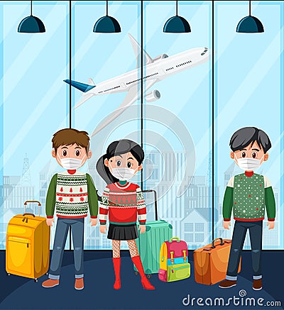 In airport terminal scene with passengers wearing mask Vector Illustration