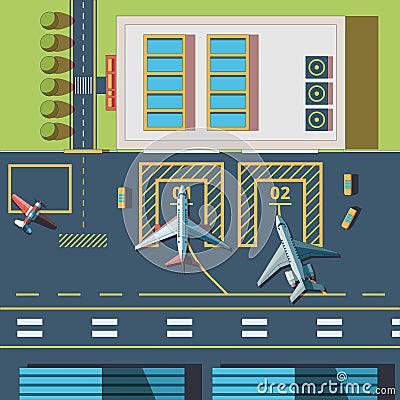 Airport top view. Terminal building and civil aircraft airport runway vector background Vector Illustration