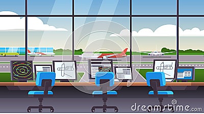 Airfield with plane, airliner and jet on runway Vector Illustration