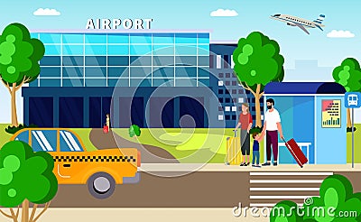 Airport transfer, taxi and transport vector illustration. Family passenger character with luggage in trip for travel Vector Illustration