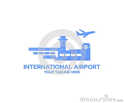 Airport view with airplane. Modern international airport logo design. Aviation technology and world travel concep vector design an Vector Illustration