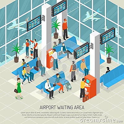 Airport Waiting Area Isometric Illustration Vector Illustration