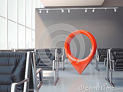 Airport waiting hall with dark chairs and red geotag or map pin. 3d rendering Stock Photo