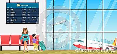 Airport waiting room. Departure lounge with chairs, information panels and people. Terminal hall with airplanes view. Vector Illustration