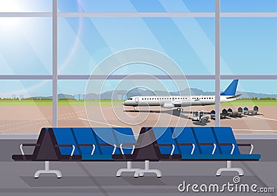 Airport waiting room or departure lounge with chairs. Terminal hall airfield view on airplanes Vector Illustration