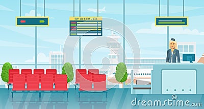 Airport waiting room interior flat vector colorful illustration. Departure lounge with chairs and flight departures Vector Illustration