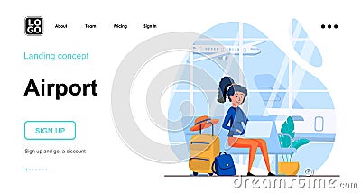 Airport web concept. Woman traveler with luggage sits Vector Illustration