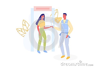 Airport Worker with Metal Detector Checks Woman Stock Photo