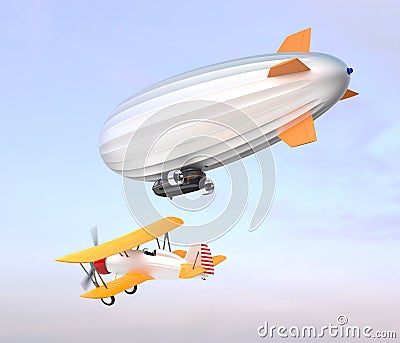 Airship and biplane flying in the sky Stock Photo
