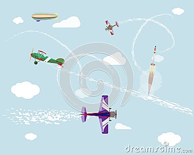Airshow. Flight of airplanes and airship in the sky. Rocket launch. Vector graphics. Vector Illustration