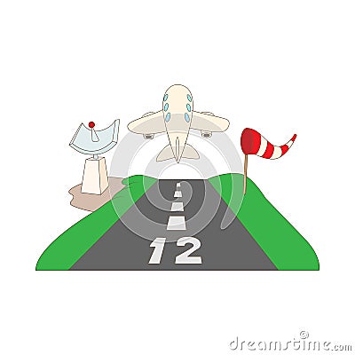 Airstrip with airplane icon, cartoon style Stock Photo