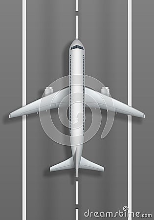 Airstrip with white airplane. Plane mockup top view. Travel agency advertisement poster design. Vector illustration Vector Illustration