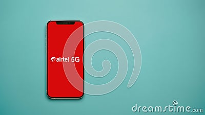 Airtel 5G displayed on a mobile phone device screen Editorial Stock Photo