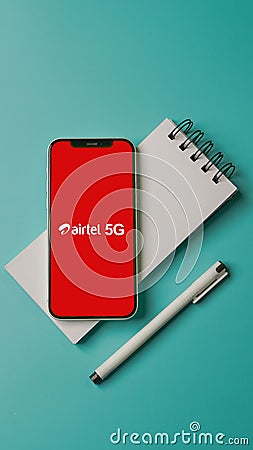 Airtel 5G displayed on a mobile phone device screen Editorial Stock Photo