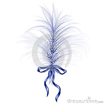 An airy composition of a light blue feather tied with a blue satin ribbon. Decorations for bouquets, boutonnieres, hats, Cartoon Illustration