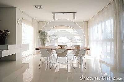 Airy Dining Room With Minimalist Table And Modern Chairs Minimalist Interior Design. Generative AI Stock Photo