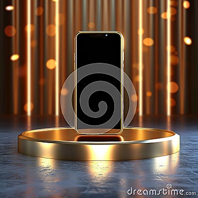 Airy excellence Realistic smartphone on a floating gold podium design Stock Photo