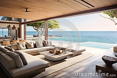 An airy and open modern interior of a beachfront villa Stock Photo