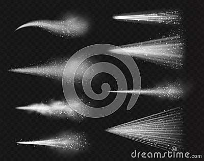 Airy water spray. Realistic mist jet little water particles flying, mist droplets in air, atomizer effect, fog stream Vector Illustration