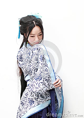 Aisan Chinese woman in traditional Blue and white Hanfu dress Stock Photo