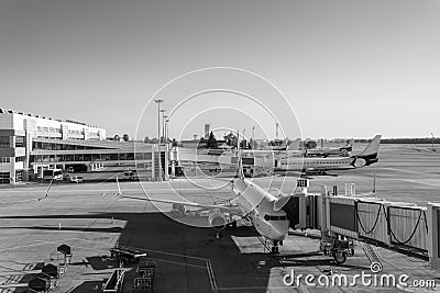 Aitcrafts in Antalya Airport AYT Various planes parked on apron. Black and white Stock Photo