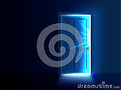 Ajar door with light and rays coming out of the gap. Cartoon Illustration