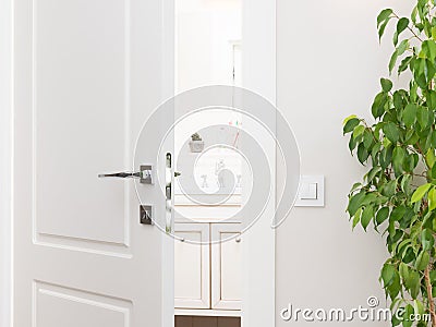 Ajar white door to the bathroom. Series switch on a light gray w Stock Photo