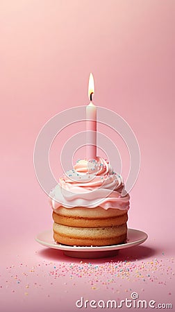 Ð¡ake With One Candle On A Whisper Pink Background Ð¡ake One Year Greeting Card Design. Generative AI Stock Photo