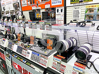 Lots of camera lens on display in Yodobashi Akihabara shopping mall Editorial Stock Photo