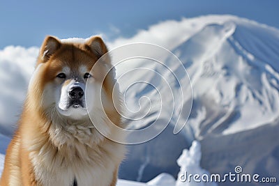 akita posing with snowcovered mount fuji Stock Photo