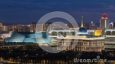 Akorda - residence President Republic of Kazakhstan and Central Concert Hall at night timelapse Editorial Stock Photo