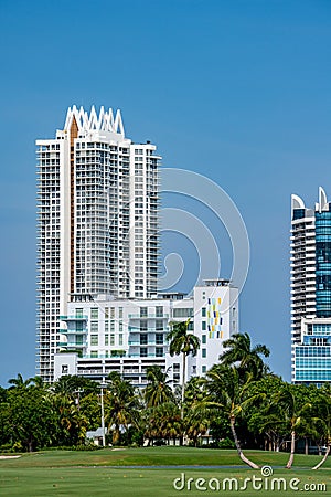 Akoya Miami Beach highrise white condominium with pointy rooftop art design Stock Photo