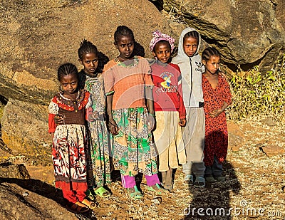 Aksum, Ethiopia - Feb 08, 2020: Ethiopian girls on the road between Axum and the Simien mountains, Ethiopia, Africa Editorial Stock Photo