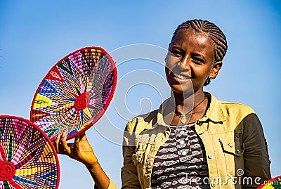 Aksum, Ethiopia - Feb 09, 2020: Ethiopian girls selling baskets in the Aksum basket market in Aksum Editorial Stock Photo