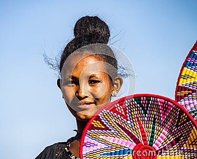 Aksum, Ethiopia - Feb 09, 2020: Ethiopian girls selling baskets in the Aksum basket market in Aksum Editorial Stock Photo